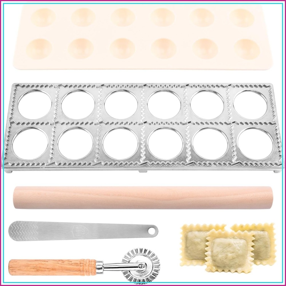 Dumpling Press Set - 12-delige ravioli-persvormset met pastasnijder, houten deegroller